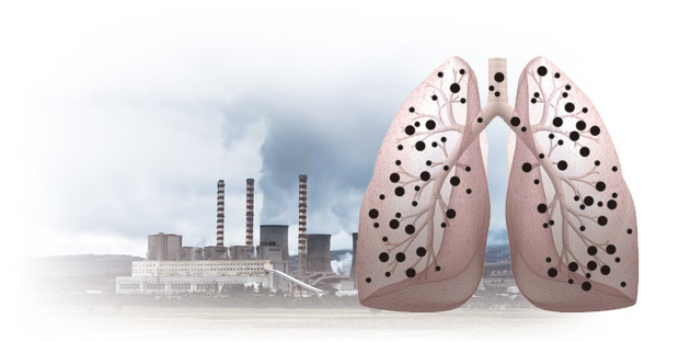 污染的工廠和受傷的肺部示意圖
